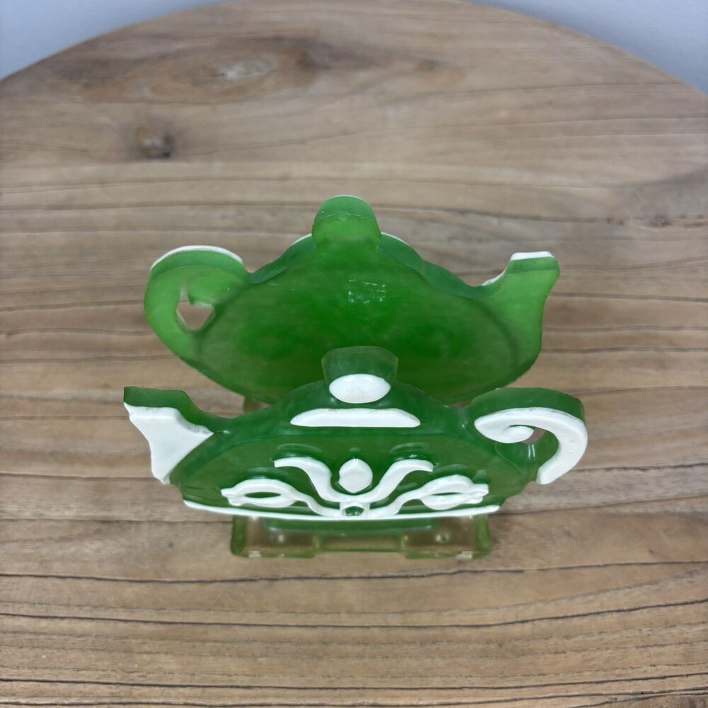 Vintage Lucite Green Teapot Coffee Napkin Holder 60s 70s Retro MCM Kitchen Decor - Picture 10 of 16